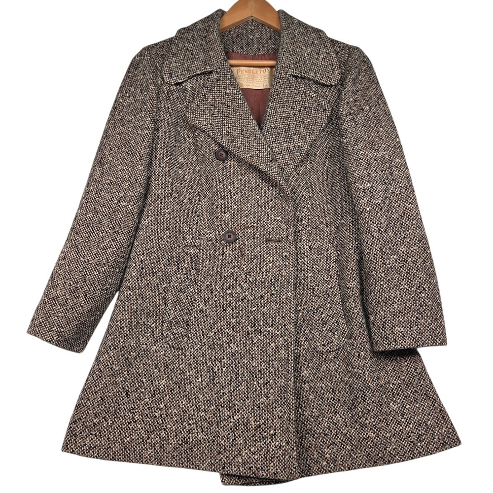 Vintage 60s Pendleton Wool Coat Women Brown Tweed Double Breasted A-Line Peacoat